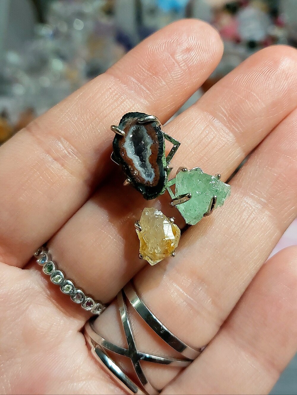 🪨⚒️ Mini Tabasco Geode, Citrine & Raw Green Strawberry Quartz Copper Ring